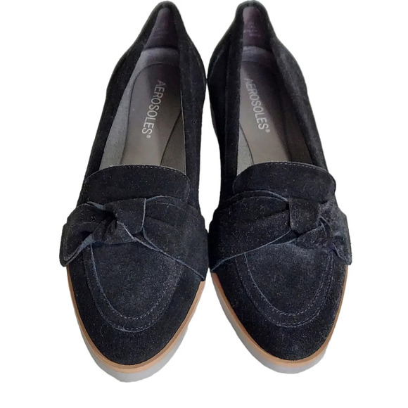 Aerosoles Black Suede Sidewalk Bow Trim Pointed Toe Small Wedge Loafers Slip Ons - Picture 14 of 14